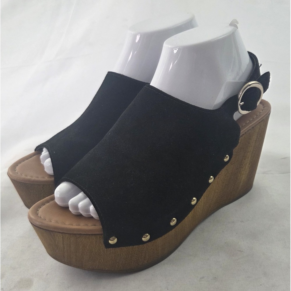 Seychelles Wedge Sandals Womens 7.5 Black Suede Platform Y2K 70s Revival Heels